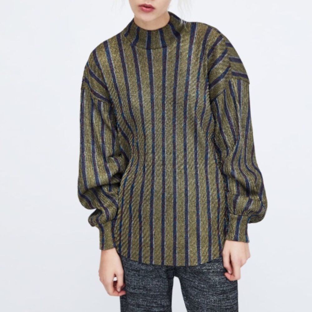 🚫SOLD🚫Zara Shimmer Striped Mock Neck Top Size M - Picture 1 of 7